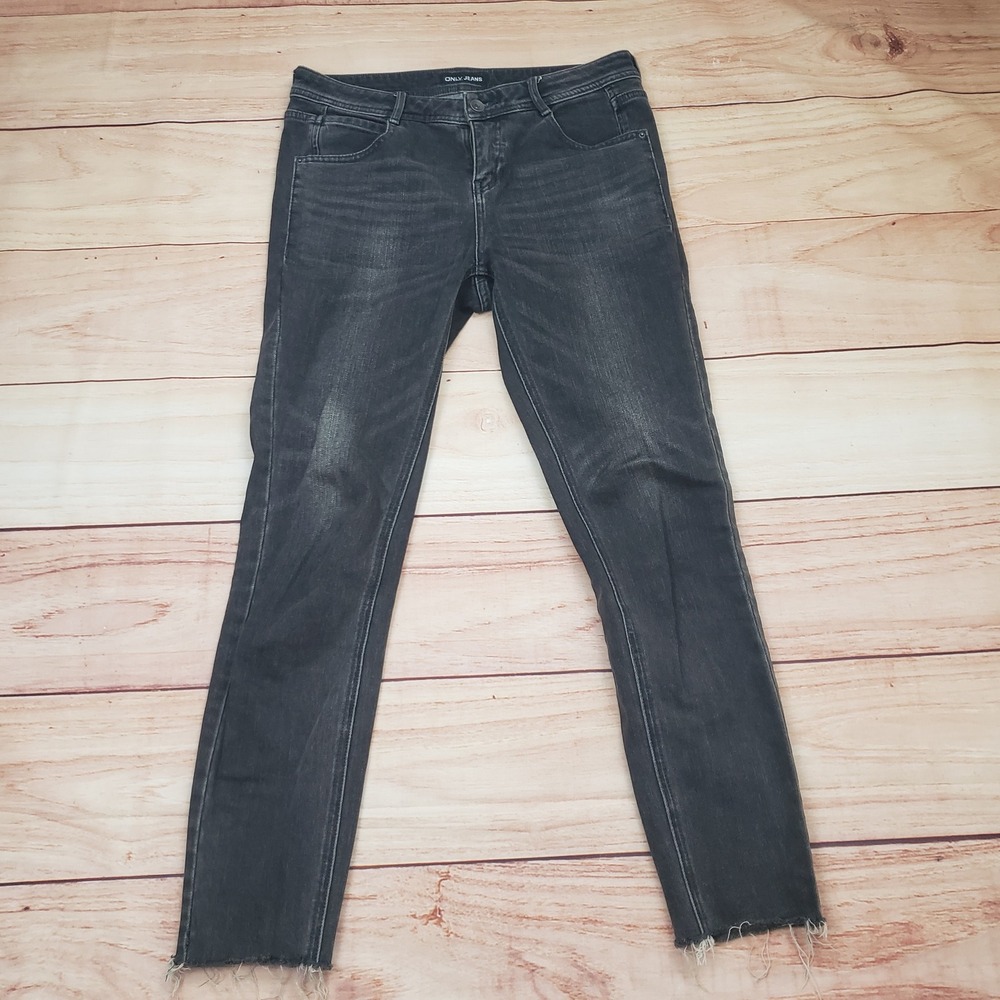 Only Jeans Womens 29 Large Black 2nd Skin Skinny‎ Jeans Washed Charcoal Raw Hem